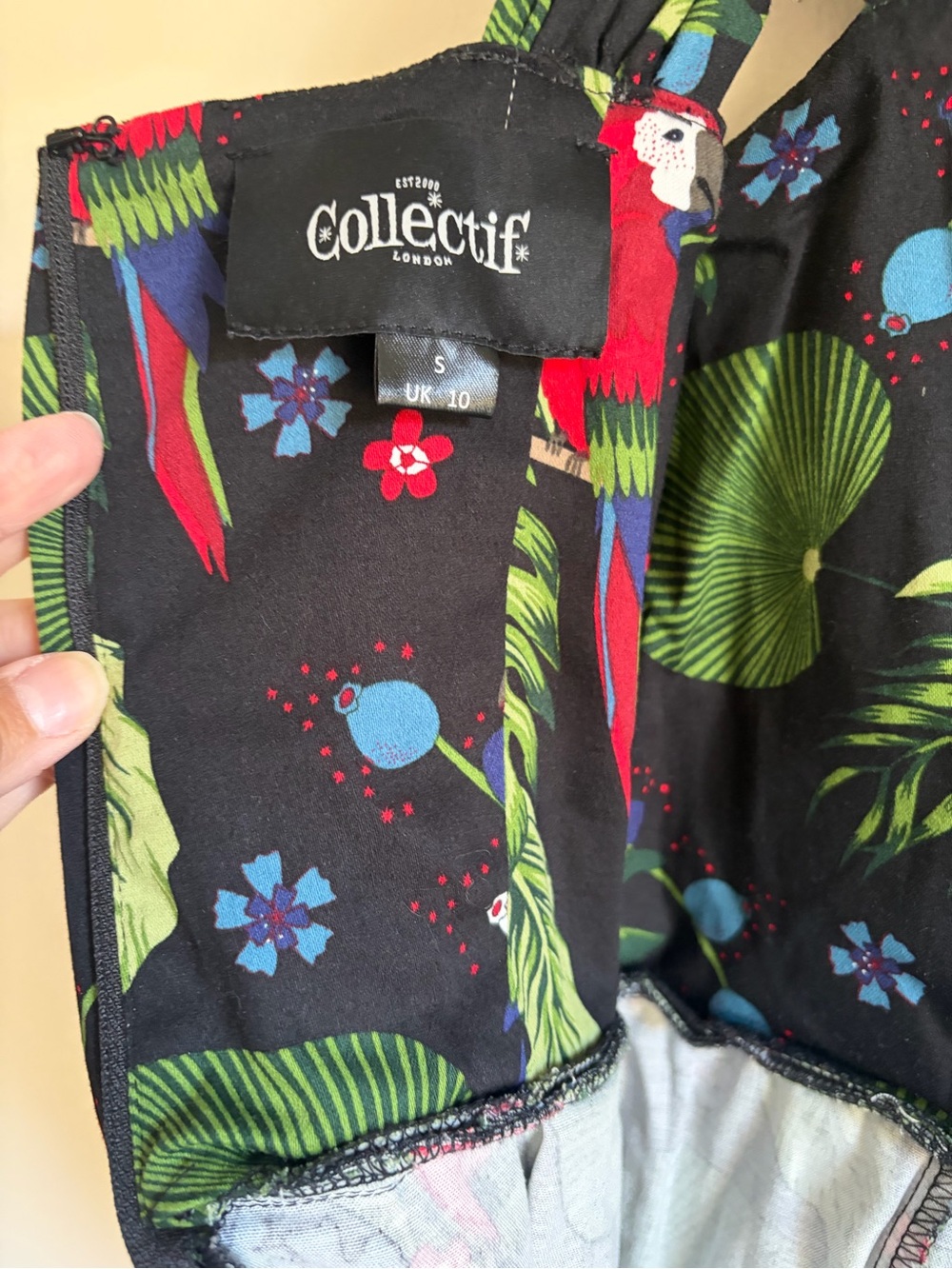 Collectif Black Dress Tropical Print Parrots UK 10 US Small Matching tote & belt - Picture 10 of 16
